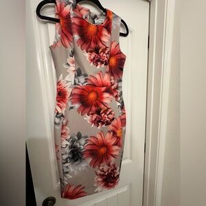 Calvin Klein Red and Gray Floral Midi Dress